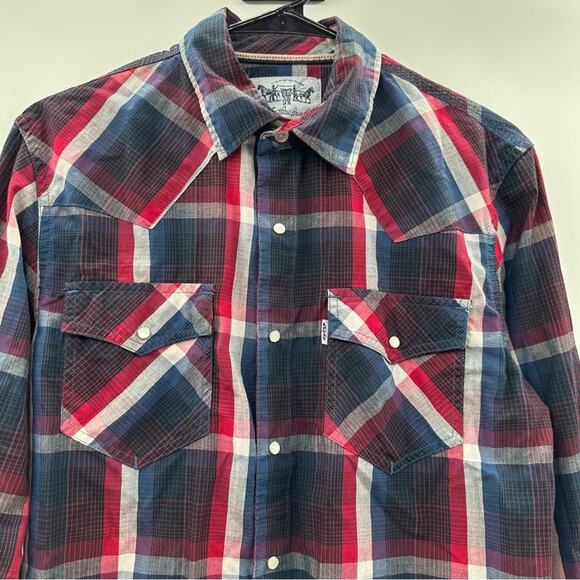 Levi Men's Black Blue Red White Plaid Long Sleeve Pear Snap Down‎ Shirt Size S - Picture 2 of 8